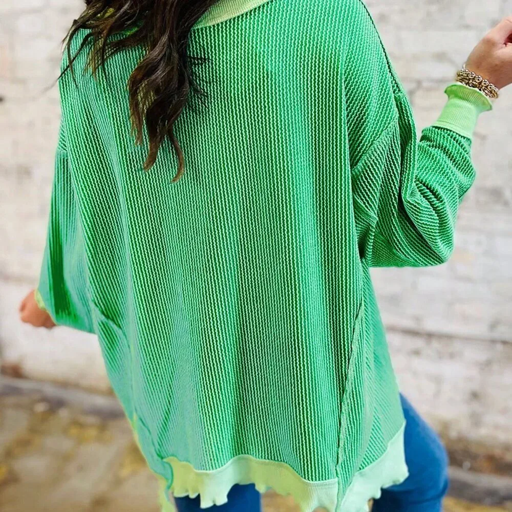 Green Casual Women's Textured Striped Cuffed Long Sleeve Loose Crew Neck T-Shirt